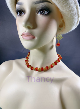 红色琉璃珠短款项链手链耳环套装