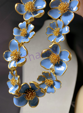 奥斯卡打标蓝色花朵耳钉项链套装