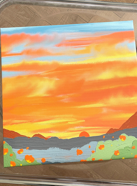 简约卡通水彩风景手绘云朵摆台画油画花卉挂画装饰画拍照道具背景