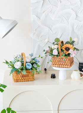 向日葵仿真花摆件永生花装饰插花花束手提花篮假花玫瑰花客厅摆设