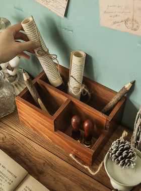 办公桌笔筒摆件学习用品收纳盒多功能学生书桌上复古化妆刷桶笔罐