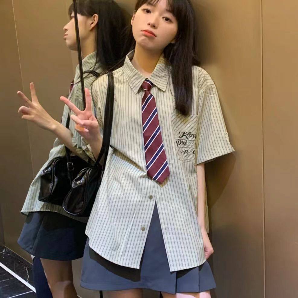 韩版日系学院风绿色条纹短袖领带休闲衬衫设计感夏季慵懒港风ins,淘宝优惠券,粉丝福利购,淘宝优惠卷
