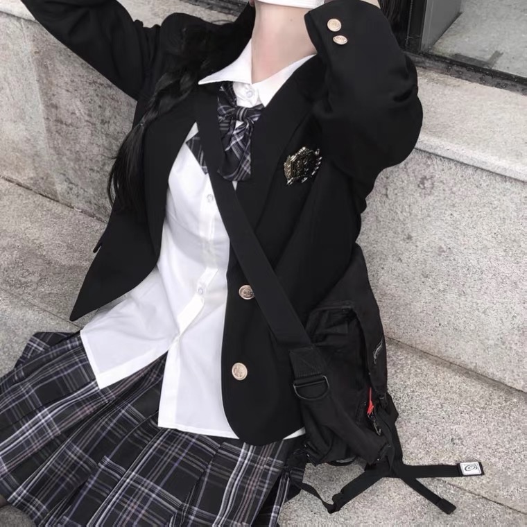 学院风制服西装外套女生小个子黑色西服春秋季原创上衣学生学院风