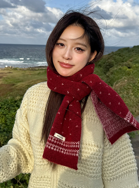 羊毛混纺红色围巾女2026新款秋冬