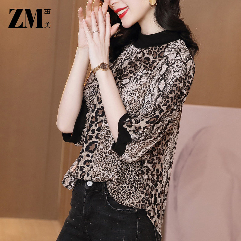 拼接百搭洋气七分袖胖mm豹纹t恤女 茁美服饰T恤