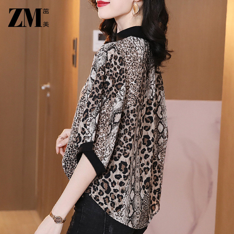 拼接百搭洋气七分袖胖mm豹纹t恤女 茁美服饰T恤