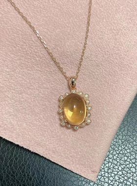 天然粉水晶吊坠女 925纯银粉红托帕石复古宝石吊坠项链可调节