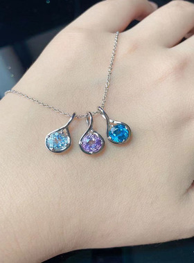 天然紫水晶吊坠纯银托帕石项链