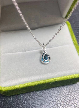 天然水滴伦敦蓝托帕石纯银锁骨链