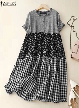 ZANZEA Women Plaid Long Dress 2024 Summer Holiday Pleating S