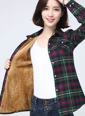 2023 Winter New Women's Warm Plaid Shirt Coat Casual Fleece