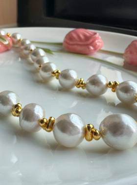 天然淡水珍珠项链女11-12m珍珠间金色花生配珠高级锁骨链