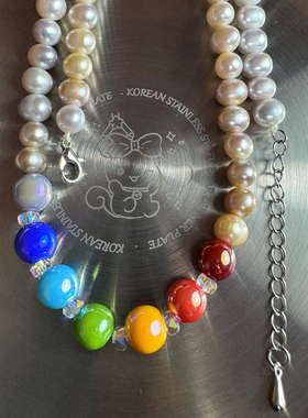彩虹糖天然淡水珍珠项链女小众设计感彩色串珠锁骨链颈链