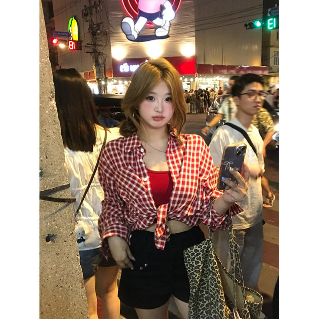 ປາຂອງເຈົ້າ Retro Style Japanese Plaid Shirt Jacket Halter Suspender Summer Playful Slightly Fat MM Suit
