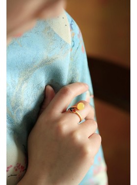 纯银古法金天然女开口戒指轻奢