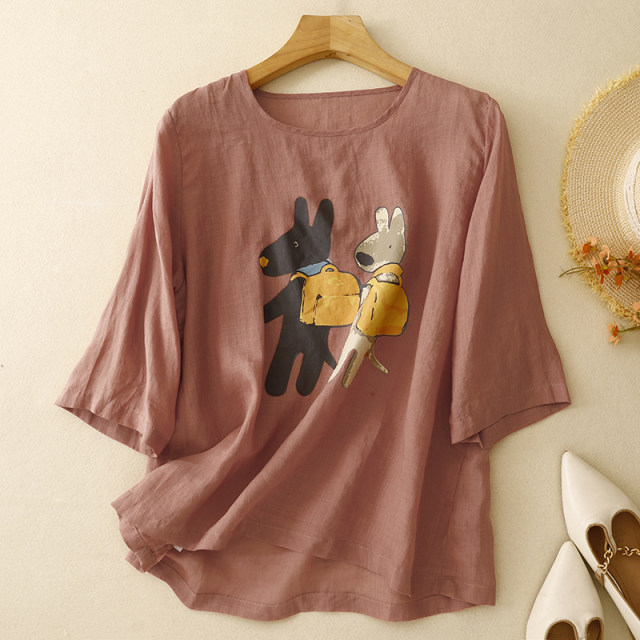 ເສື້ອຍືດແຂນສັ້ນກາຕູນ Retro ພິມ linen ສໍາລັບແມ່ຍິງໃນຊ່ວງລຶະເບິ່ງຮ້ອນແບບບາງໆວ່າງເສື້ອຍືດຂະຫນາດຂະຫນາດໃຫຍ່ trendy ຫຼຸດອາຍຸສູງສຸດ