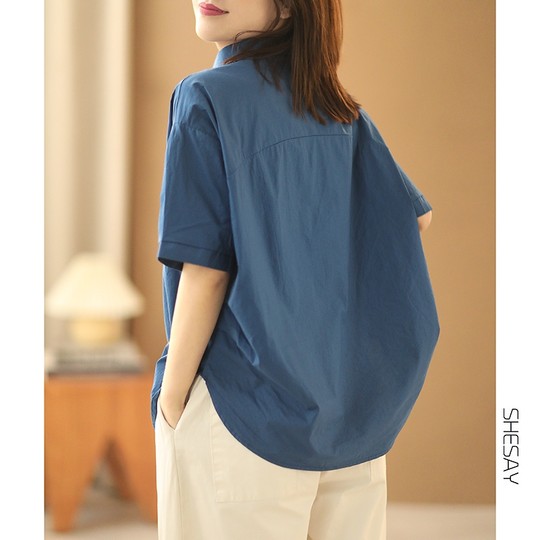 Foreign trade French single women's clothing clearance brand Japanese cotton shirt solid color casual versatile trendy short-sleeved top summer