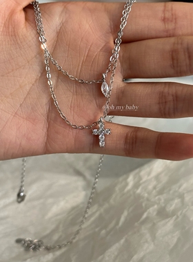 极细双层十字架项链锁骨链简约