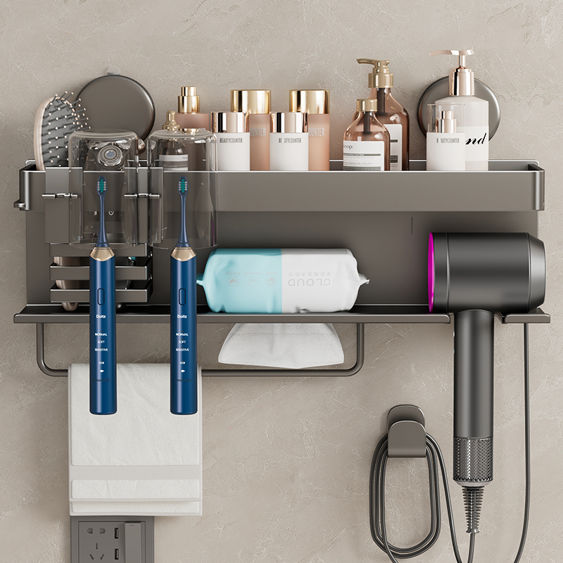 吸盘多功能枪灰牙刷置物架卫生间壁挂式吹风机架洗脸巾收纳架子 - 图1
