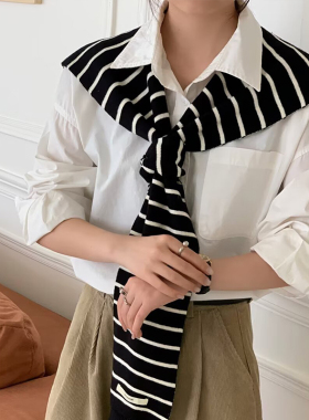 艾佳微条纹针织小披肩女外搭配裙子小坎肩春秋冬夏季薄款衬衫围巾