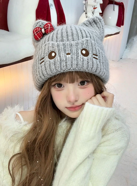 冬季猫咪护耳加厚毛绒针织帽女