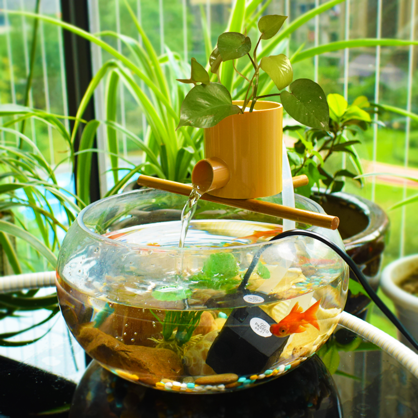 古法养鱼流水摆件桌面生财造景自动循环增氧过滤玻璃金鱼缸流水器 - 图0