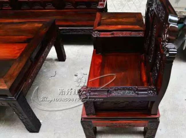 老挝大红酸枝如意沙发 交趾黄檀沙发双面精雕 象头沙发六件套定做