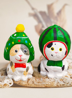 木制工艺品手工雕刻小猫摆件创意