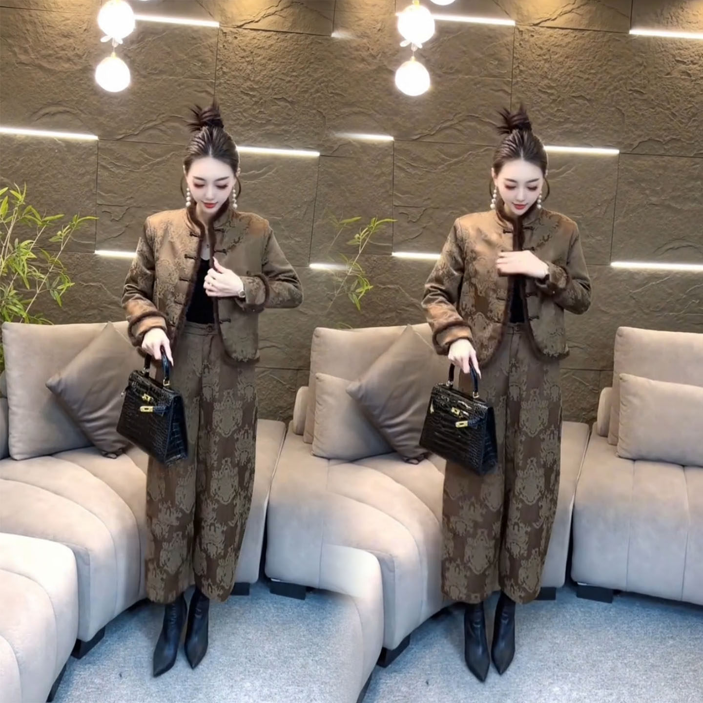 松弛感新中式风复古盘扣套装女冬季轻奢提花外套高腰阔腿裤两件套,淘宝优惠券,粉丝福利购,淘宝优惠卷