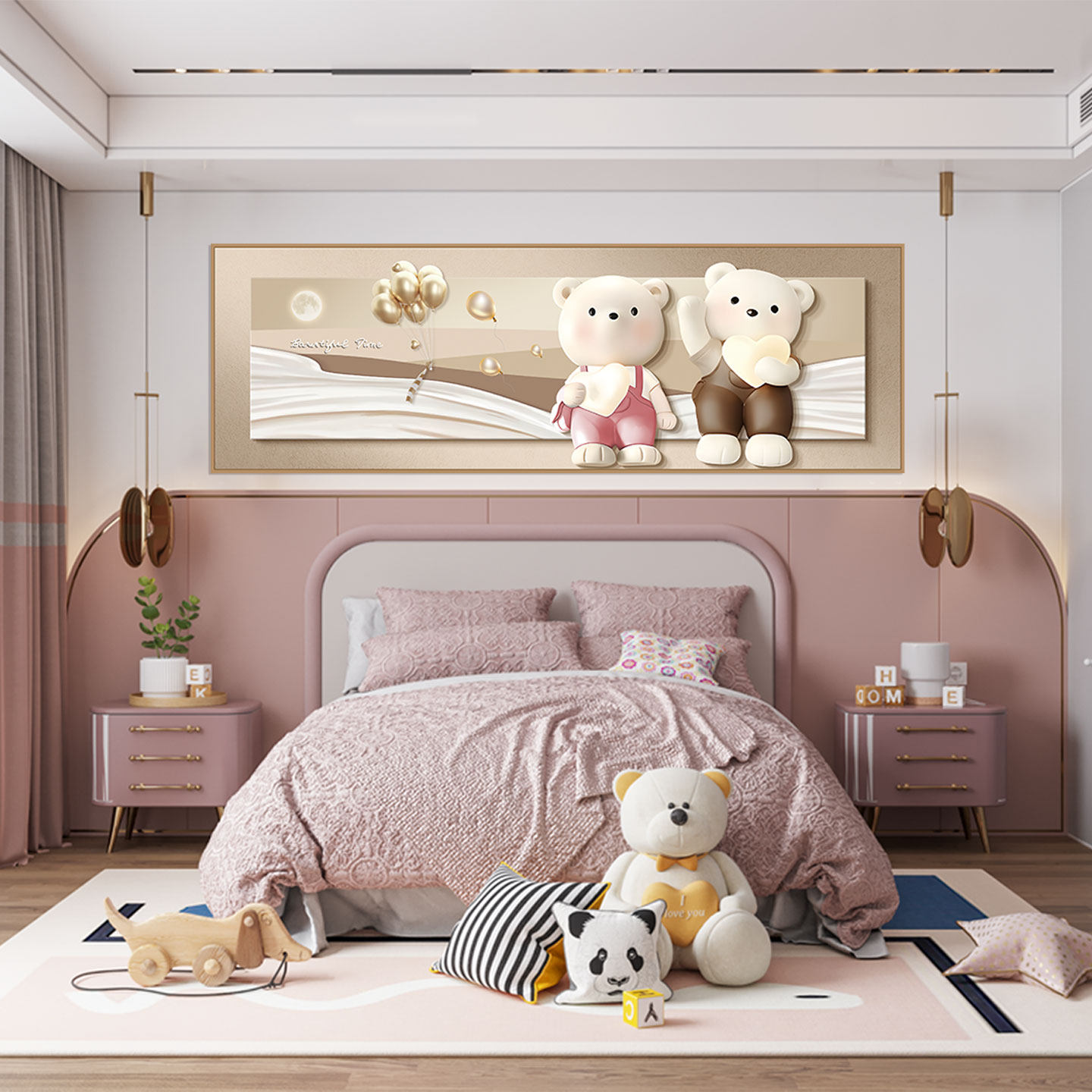 新款可爱奶油风小熊自粘贴画高级感主卧床头贴画儿童房间温馨壁画,淘宝优惠券,粉丝福利购,淘宝优惠卷