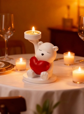 可爱小熊爱心烛台树脂摆件