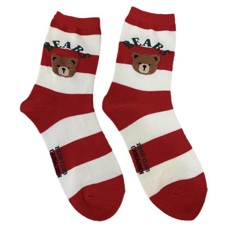 现货韩国东大门女袜网红新年红袜卡通熊拼色条纹本命年春节中筒袜,淘宝优惠券,粉丝福利购,淘宝优惠卷