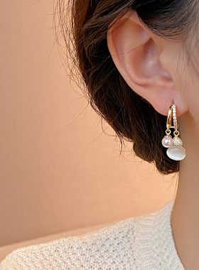 银针锆石猫眼石椭圆吊坠耳环轻奢