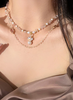 法式珍珠皇冠水滴锆石双层项链小