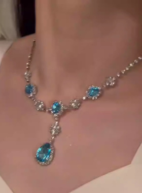 镶钻蓝色水滴吊坠项链女高级感宫