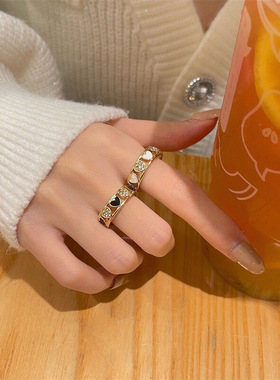 爱心微镶日系戒指女ins潮轻奢小众设计食指戒开口可调节指环新款