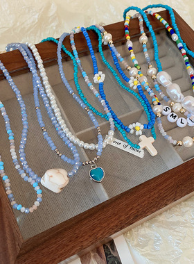 蓝色系珍珠米珠不规则项链夏季小