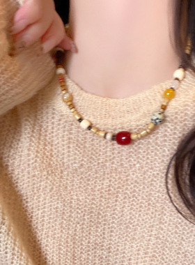 玛瑙木珠不规则椰壳斑纹石串珠项