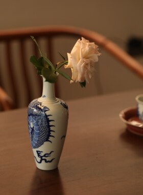 见欢集春兰窑康熙青花龙纹龙首纹柳叶瓶 花瓶景德镇高端茶器礼品