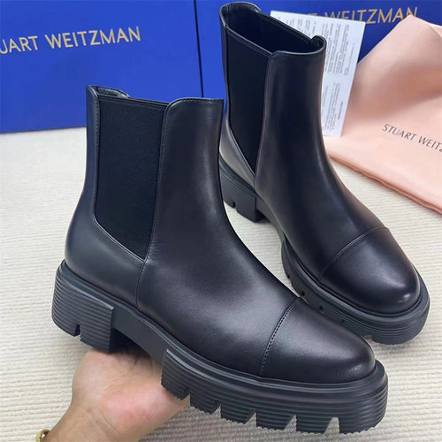 SW高版厚底烟筒靴女24秋冬新款切尔西短靴圆头粗跟真皮百搭马丁靴-图3