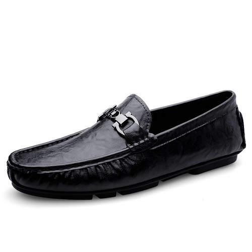 豆豆鞋男2025新款冬季加绒保暖真皮休闲皮鞋一脚蹬软底软皮驾车鞋 - 图0