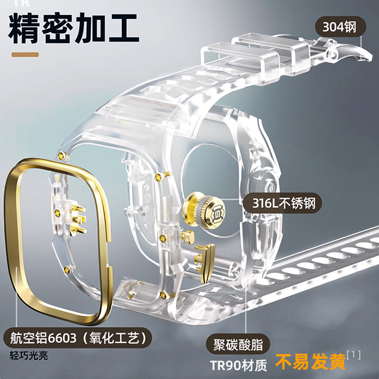 透明水晶手表壳ultra49mm改装机械保护壳套氟橡胶带理查德适用苹果手表Ultra1/2/3一体壳表带iwatch个性 - 图1