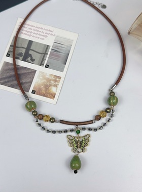 陶瓷蝴蝶项链女颈链辣妹皮质挂链