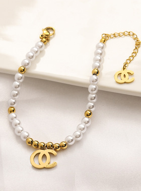 欧美珍珠女士钛钢项链白色拼色