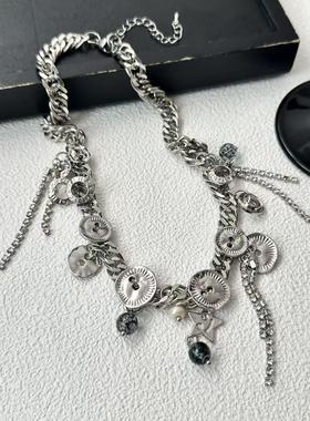 复古纽扣个性项链女款甜酷锁骨链