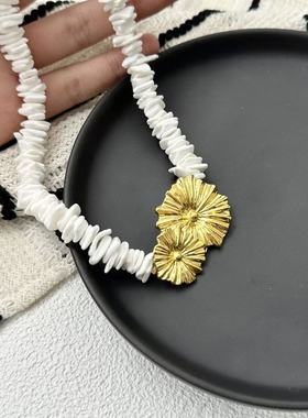 不规则贝壳串珠雏菊花朵项链女