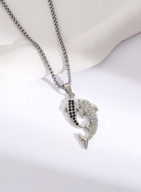 黑白锆石双海豚微镶吊坠项链饰品