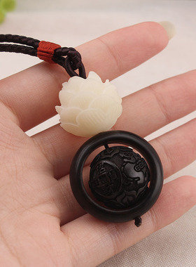 雕刻黑檀木莲花菩提棉麻绳项链女