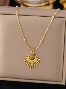 美拉德虎眼石钛钢毛衣链女式项链