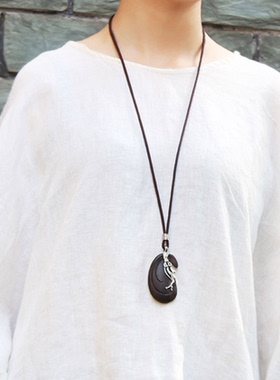 情人节棉麻绳子黑檀木花朵毛衣链